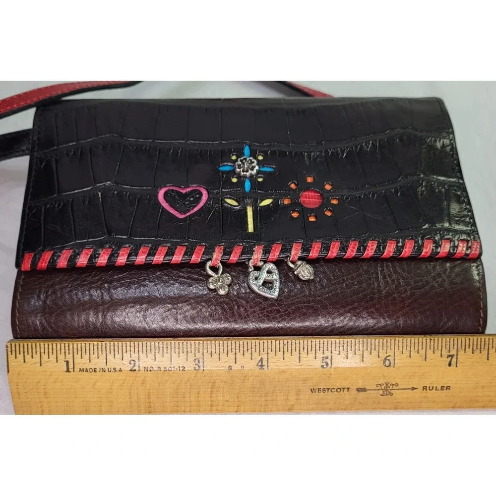 Brighton Crossbody Bag Wallet Purse Croc Embossed Charms Red & Black Strap Heart